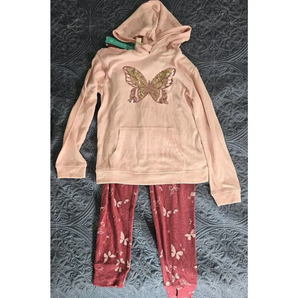 R+R The Brushed Kanga Pocket Butterfly Sequin Hoodie Set Size M